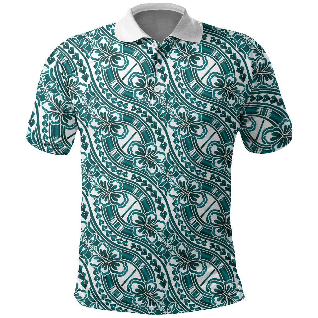Hibiscus Bloom Island Tribal Waves Polo Shirt Teal Polynesian Pattern