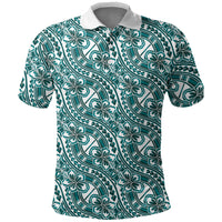 Hibiscus Bloom Island Tribal Waves Polo Shirt Teal Polynesian Pattern