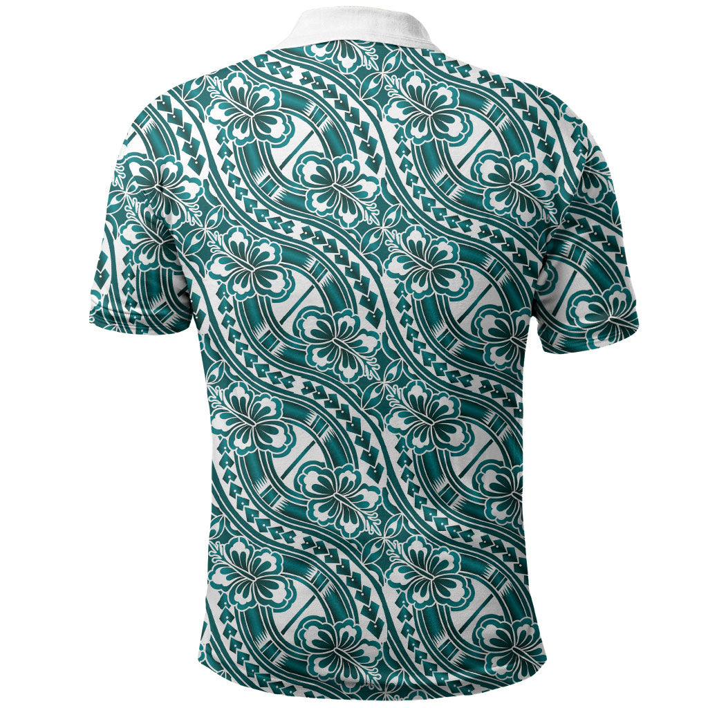 Hibiscus Bloom Island Tribal Waves Polo Shirt Teal Polynesian Pattern
