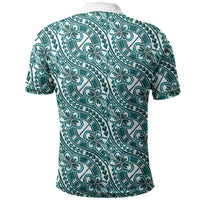 Hibiscus Bloom Island Tribal Waves Polo Shirt Teal Polynesian Pattern