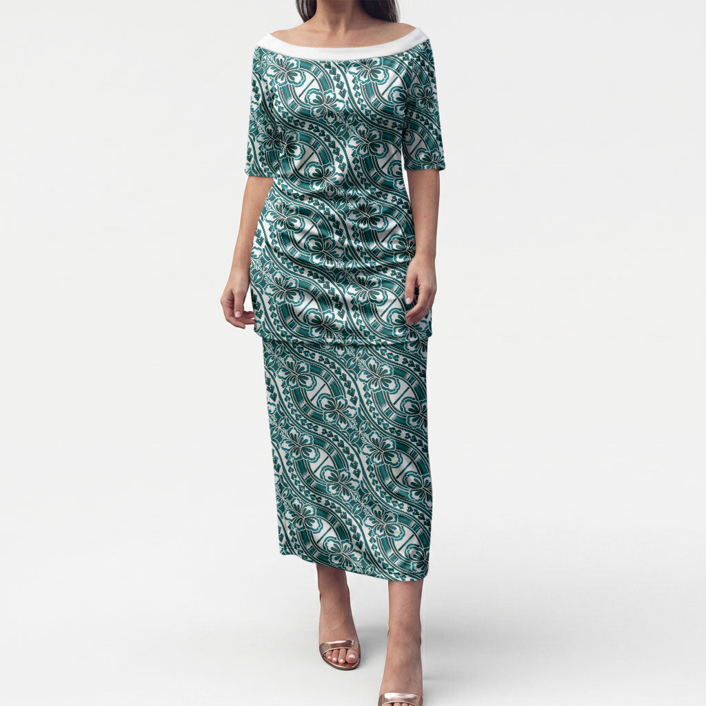 Hibiscus Bloom Island Tribal Waves Puletasi Teal Polynesian Pattern
