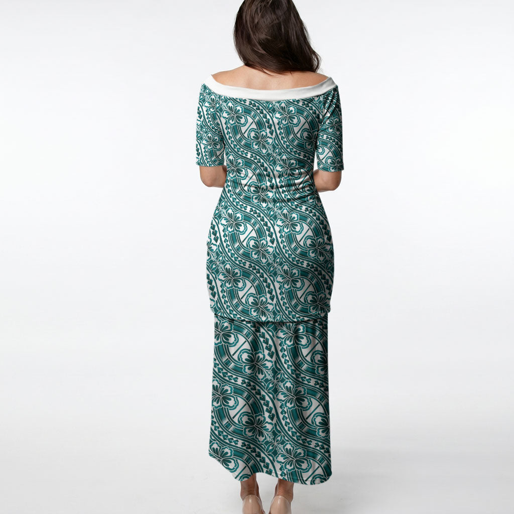 Hibiscus Bloom Island Tribal Waves Puletasi Teal Polynesian Pattern