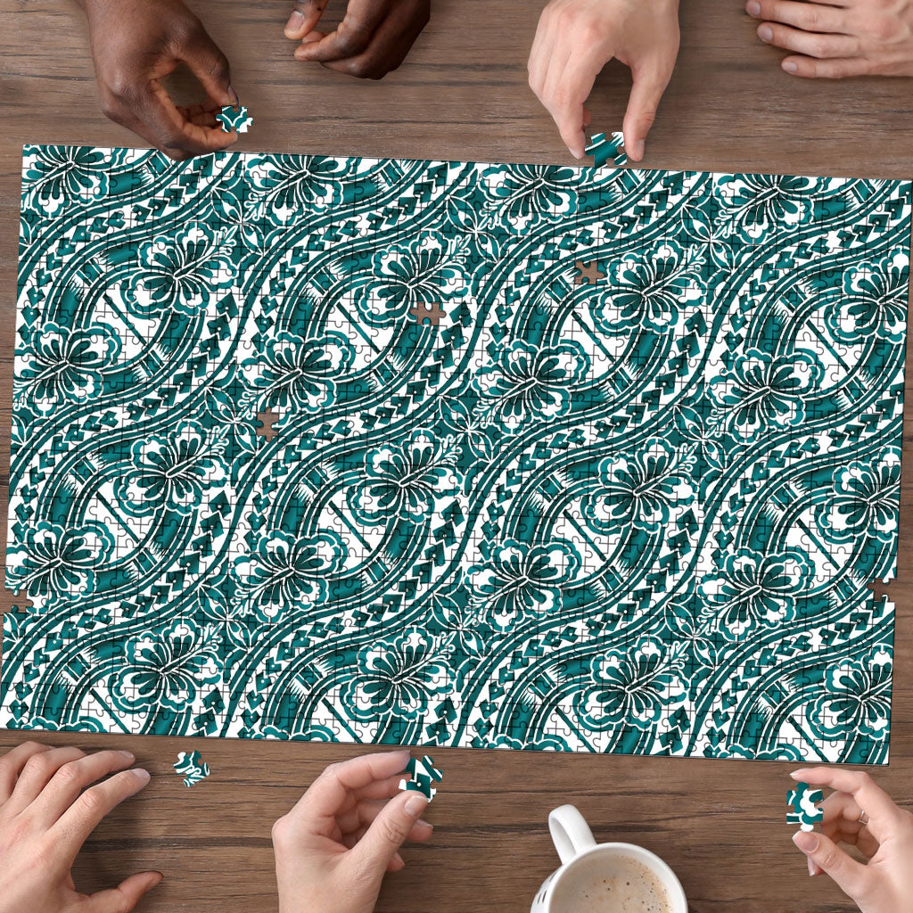 Hibiscus Bloom Island Tribal Waves Puzzle Teal Polynesian Pattern