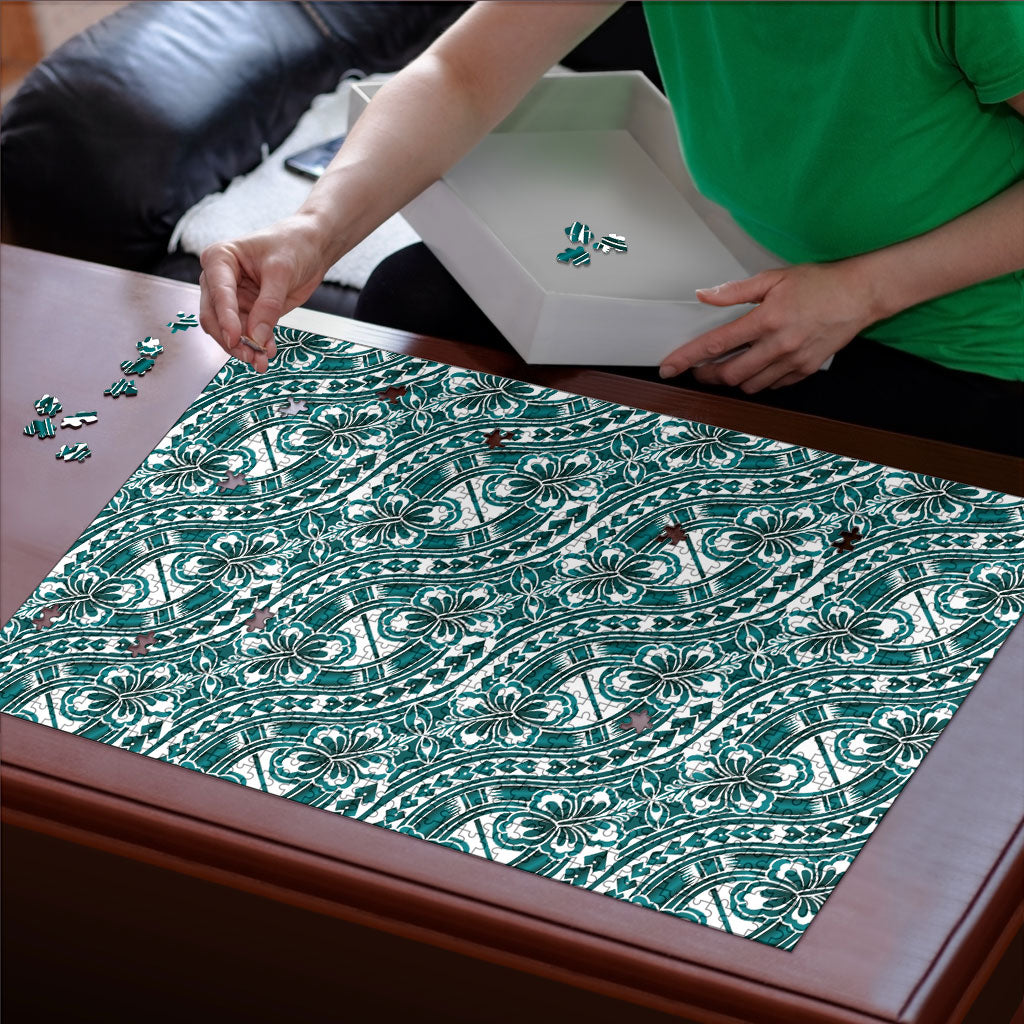 Hibiscus Bloom Island Tribal Waves Puzzle Teal Polynesian Pattern