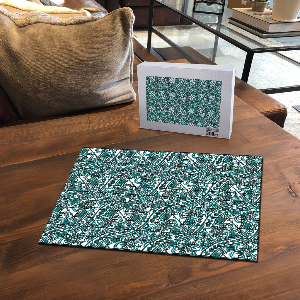 Hibiscus Bloom Island Tribal Waves Puzzle Teal Polynesian Pattern