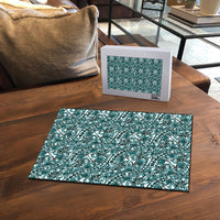 Hibiscus Bloom Island Tribal Waves Puzzle Teal Polynesian Pattern