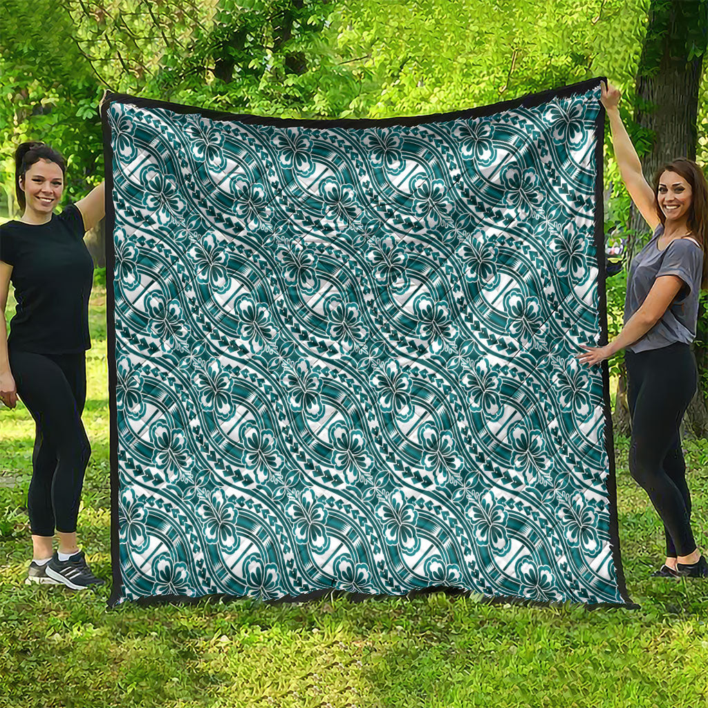 Hibiscus Bloom Island Tribal Waves Quilt Teal Polynesian Pattern