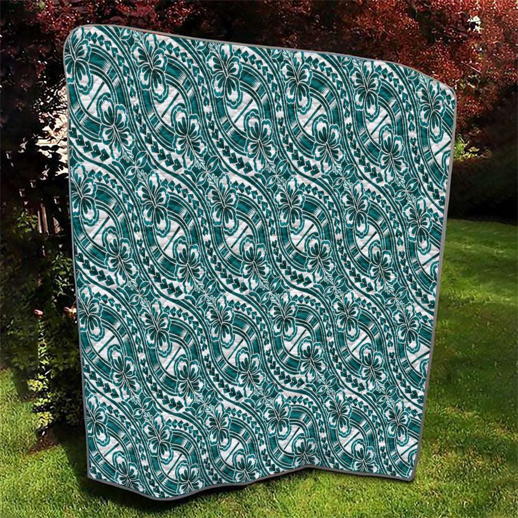 Hibiscus Bloom Island Tribal Waves Quilt Teal Polynesian Pattern