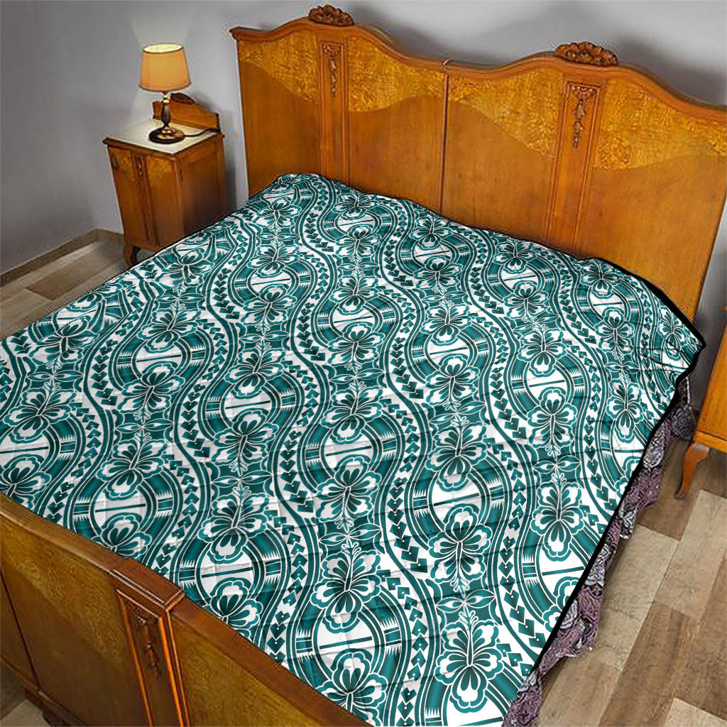 Hibiscus Bloom Island Tribal Waves Quilt Teal Polynesian Pattern