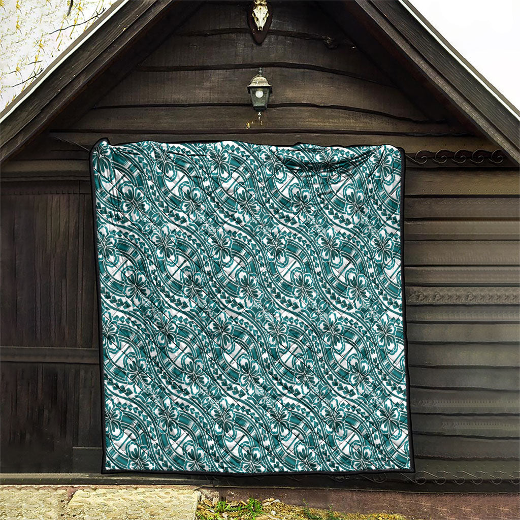 Hibiscus Bloom Island Tribal Waves Quilt Teal Polynesian Pattern