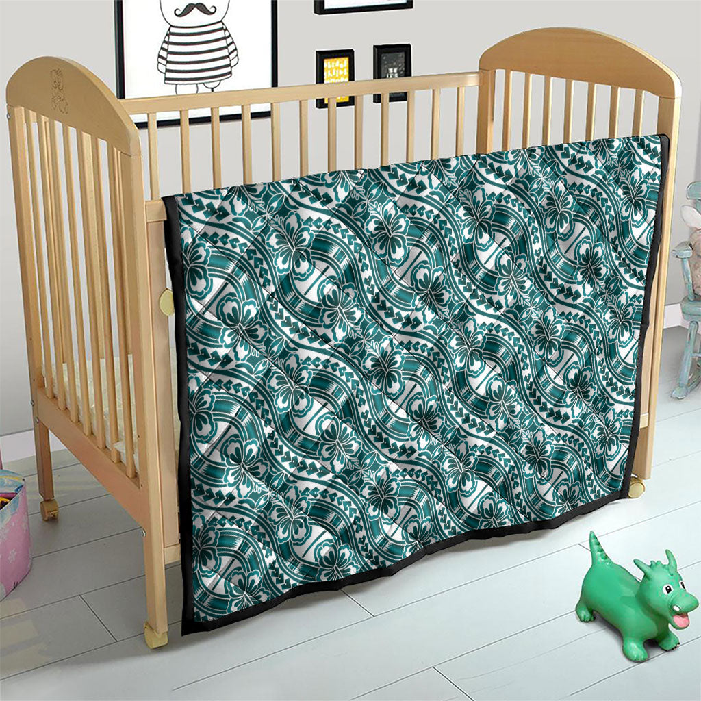 Hibiscus Bloom Island Tribal Waves Quilt Teal Polynesian Pattern