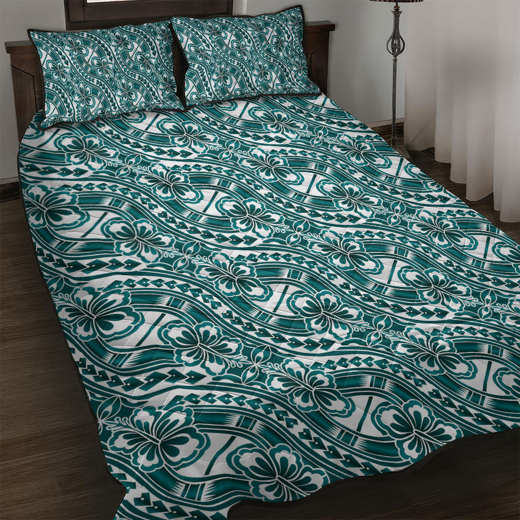 Hibiscus Bloom Island Tribal Waves Quilt Bed Set Teal Polynesian Pattern