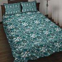 Hibiscus Bloom Island Tribal Waves Quilt Bed Set Teal Polynesian Pattern