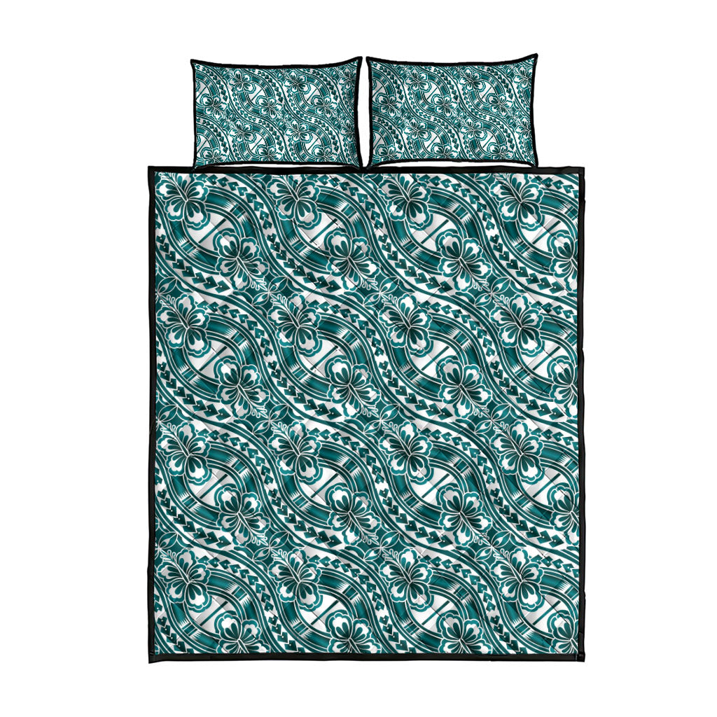 Hibiscus Bloom Island Tribal Waves Quilt Bed Set Teal Polynesian Pattern