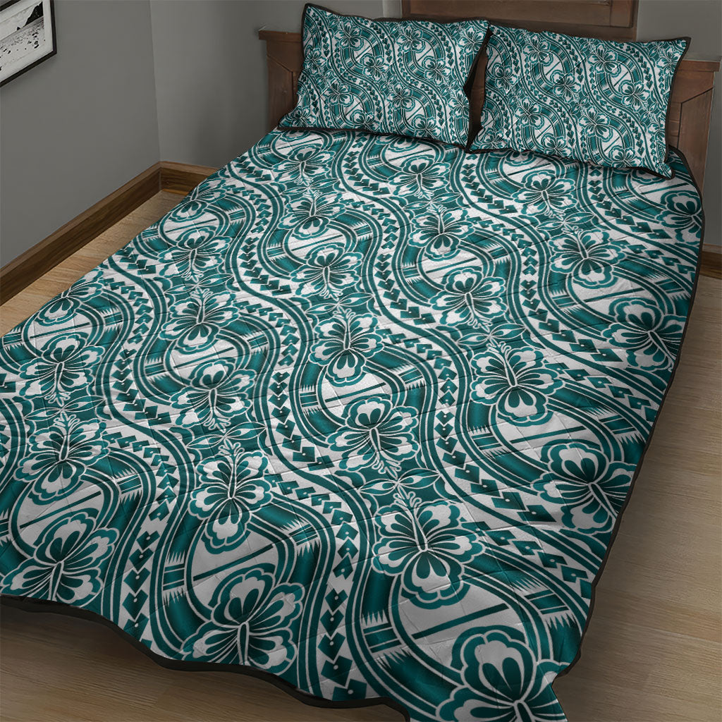 Hibiscus Bloom Island Tribal Waves Quilt Bed Set Teal Polynesian Pattern
