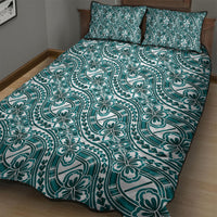 Hibiscus Bloom Island Tribal Waves Quilt Bed Set Teal Polynesian Pattern