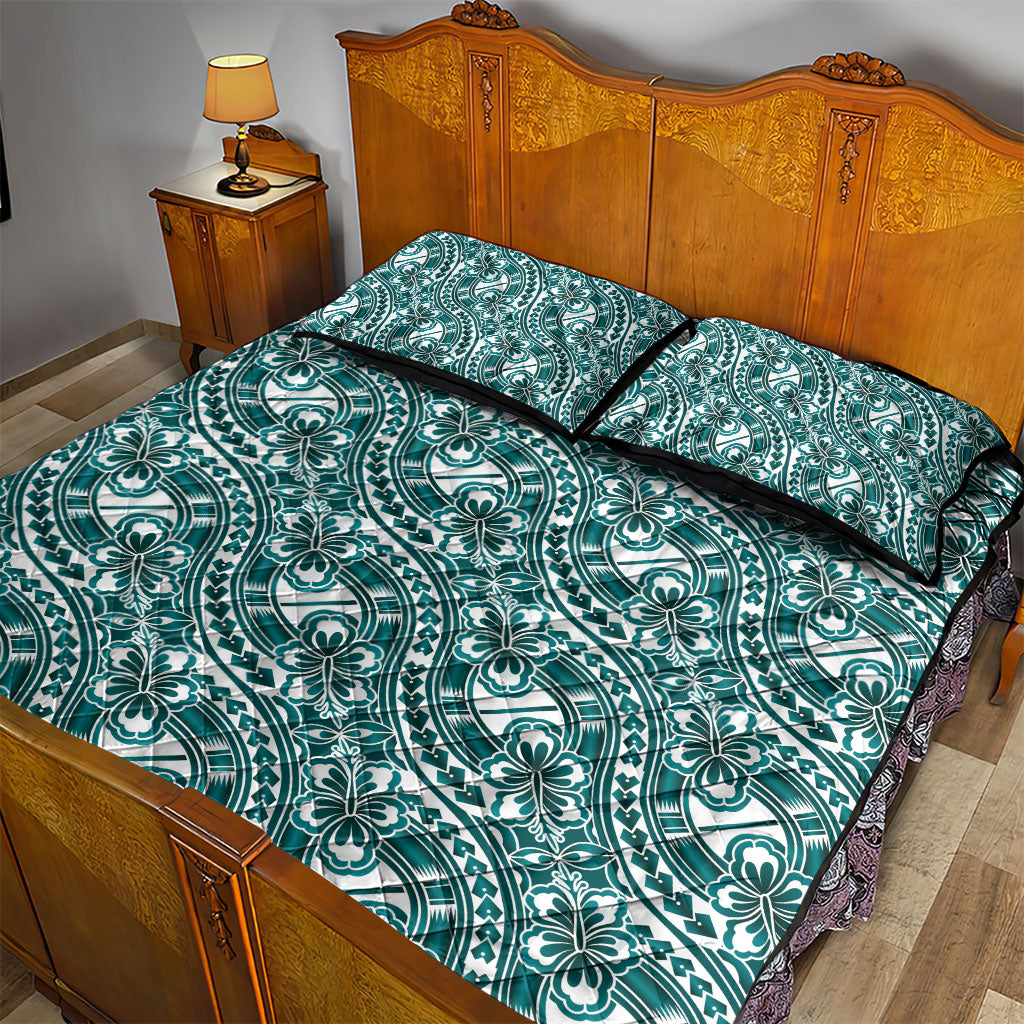 Hibiscus Bloom Island Tribal Waves Quilt Bed Set Teal Polynesian Pattern