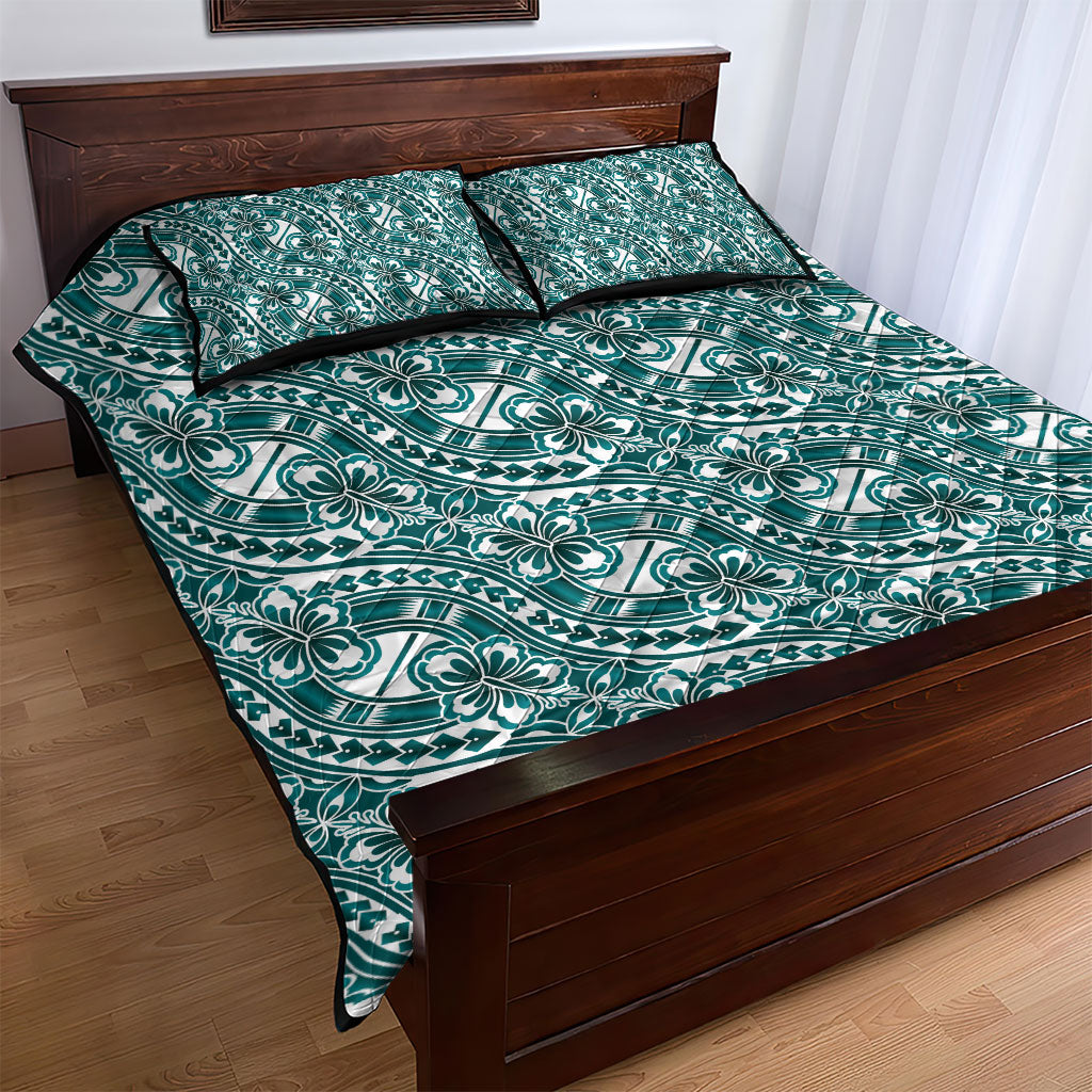 Hibiscus Bloom Island Tribal Waves Quilt Bed Set Teal Polynesian Pattern