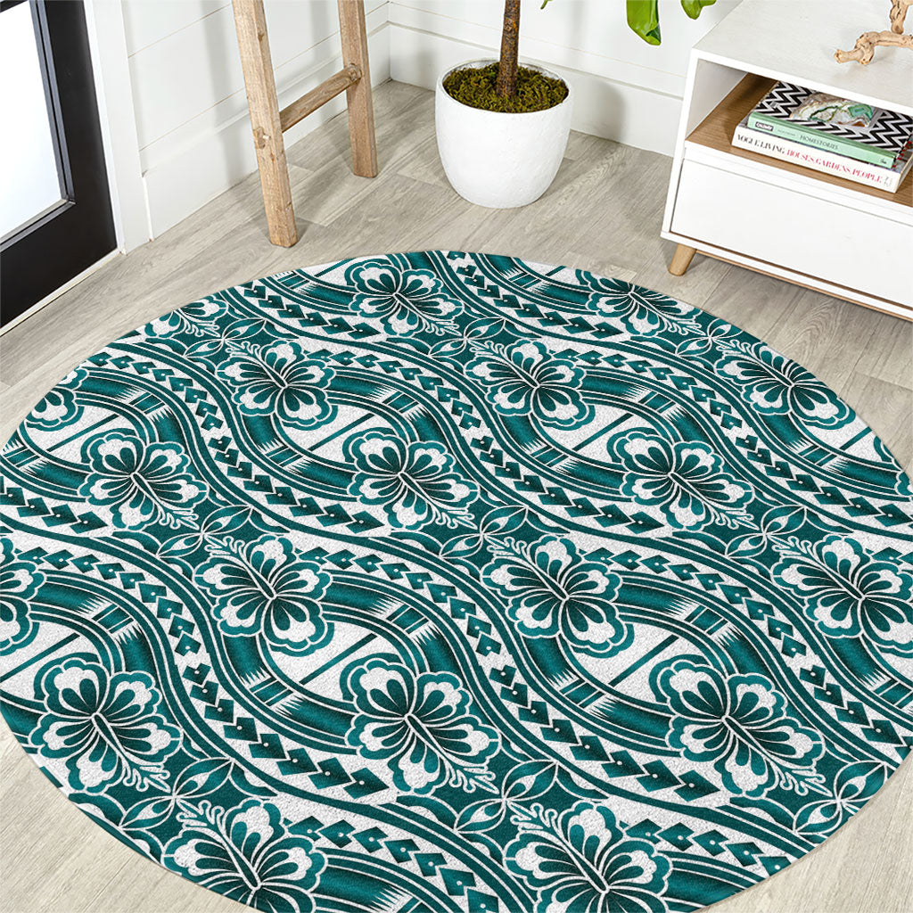 Hibiscus Bloom Island Tribal Waves Round Carpet Teal Polynesian Pattern