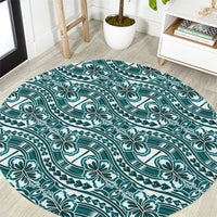 Hibiscus Bloom Island Tribal Waves Round Carpet Teal Polynesian Pattern