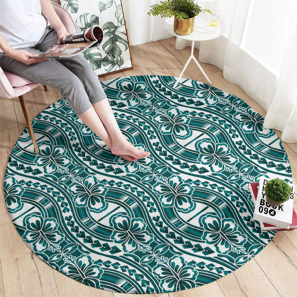 Hibiscus Bloom Island Tribal Waves Round Carpet Teal Polynesian Pattern