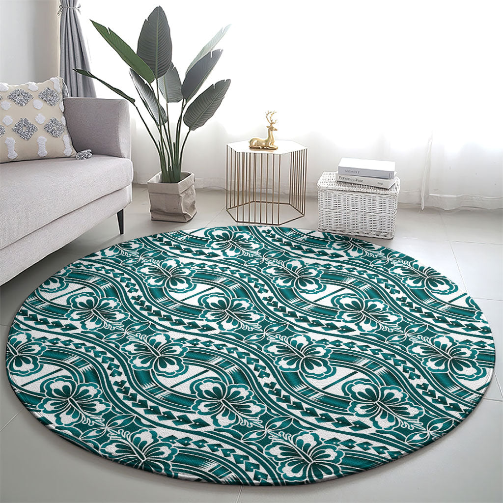 Hibiscus Bloom Island Tribal Waves Round Carpet Teal Polynesian Pattern