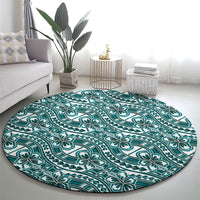 Hibiscus Bloom Island Tribal Waves Round Carpet Teal Polynesian Pattern