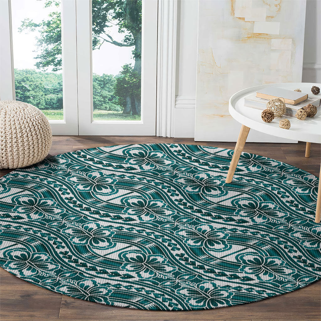 Hibiscus Bloom Island Tribal Waves Round Carpet Teal Polynesian Pattern