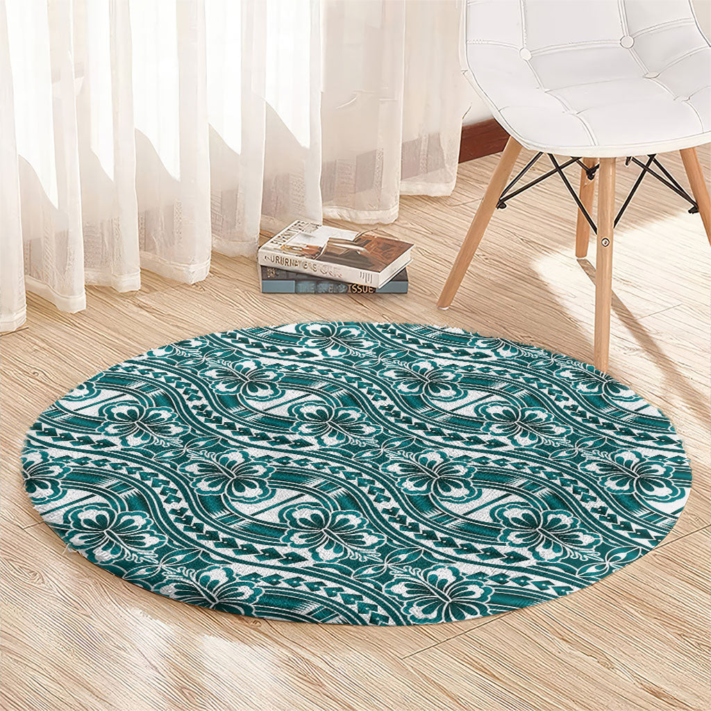Hibiscus Bloom Island Tribal Waves Round Carpet Teal Polynesian Pattern