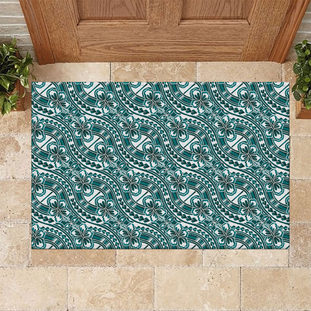 Hibiscus Bloom Island Tribal Waves Rubber Doormat Teal Polynesian Pattern