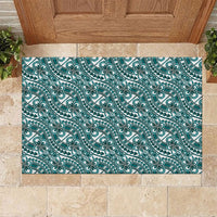 Hibiscus Bloom Island Tribal Waves Rubber Doormat Teal Polynesian Pattern