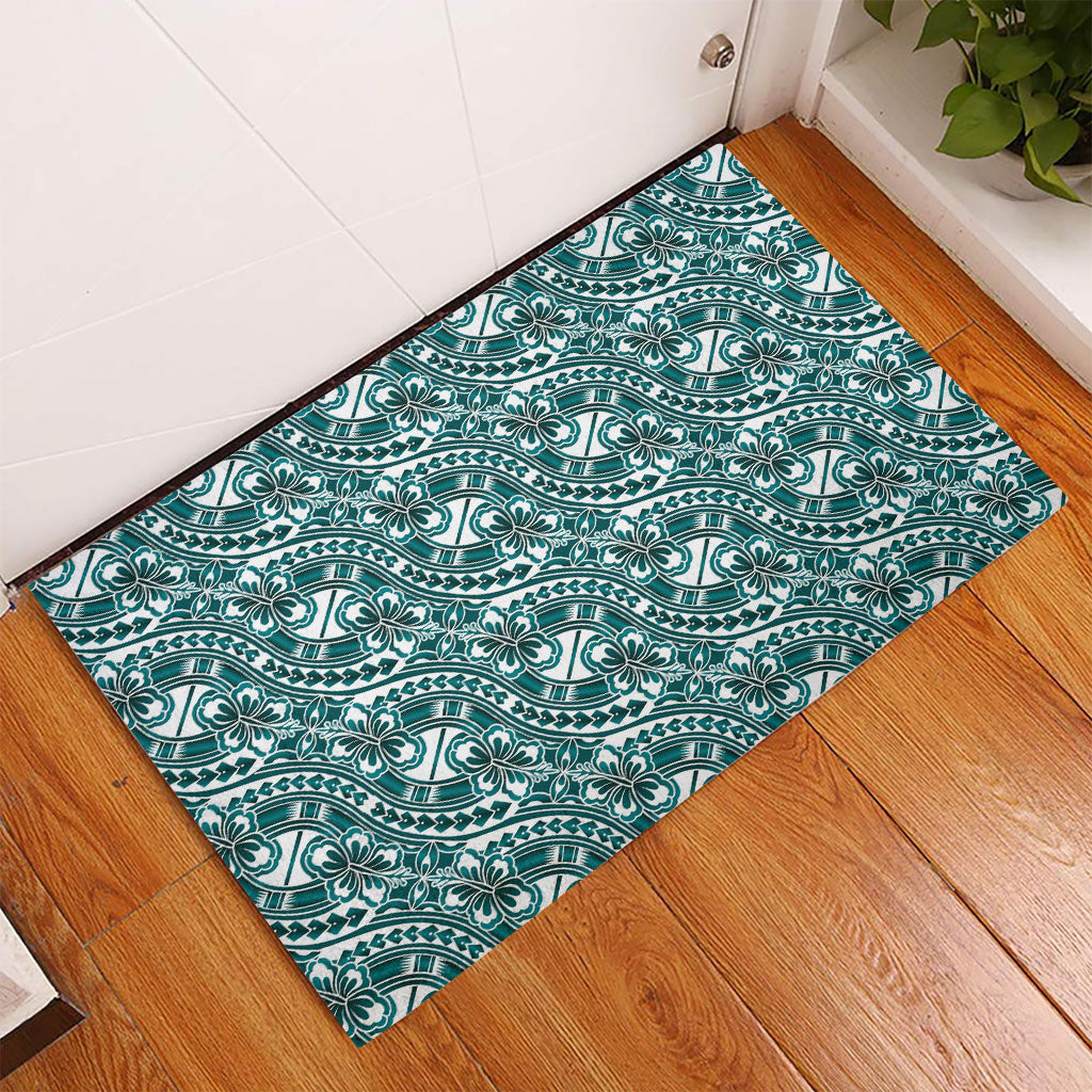 Hibiscus Bloom Island Tribal Waves Rubber Doormat Teal Polynesian Pattern