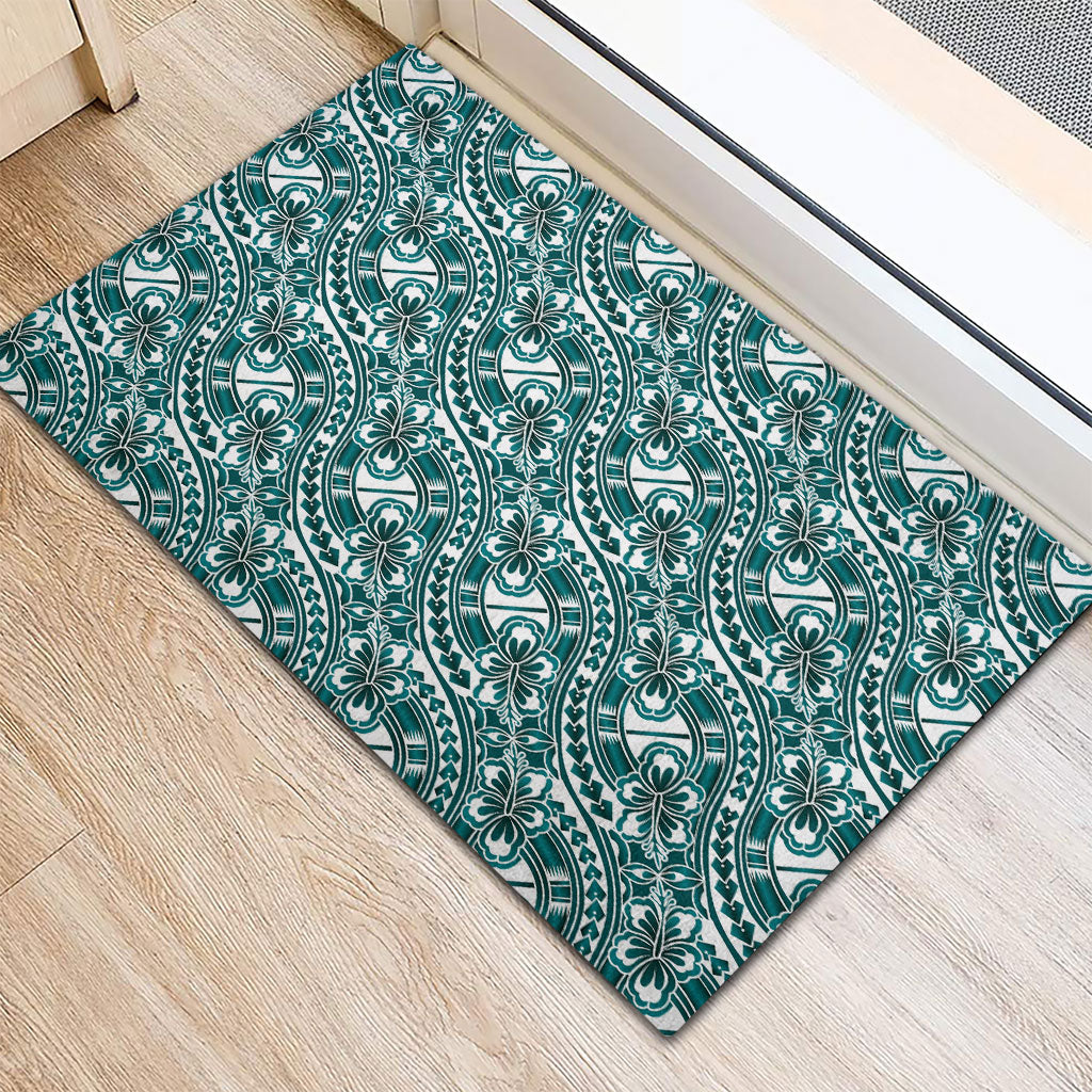 Hibiscus Bloom Island Tribal Waves Rubber Doormat Teal Polynesian Pattern