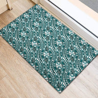Hibiscus Bloom Island Tribal Waves Rubber Doormat Teal Polynesian Pattern