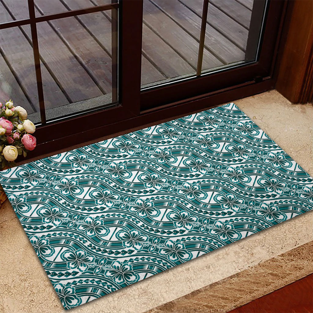 Hibiscus Bloom Island Tribal Waves Rubber Doormat Teal Polynesian Pattern