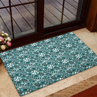 Hibiscus Bloom Island Tribal Waves Rubber Doormat Teal Polynesian Pattern
