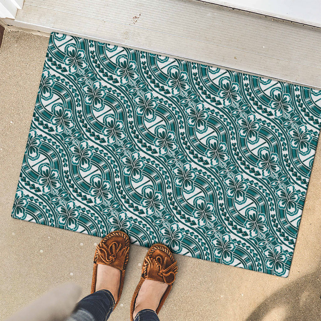 Hibiscus Bloom Island Tribal Waves Rubber Doormat Teal Polynesian Pattern