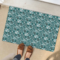 Hibiscus Bloom Island Tribal Waves Rubber Doormat Teal Polynesian Pattern