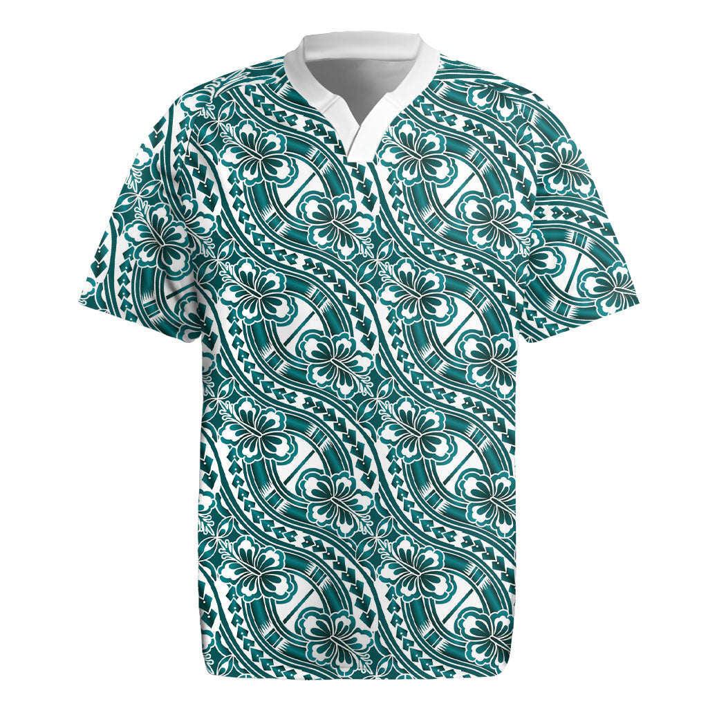 Hibiscus Bloom Island Tribal Waves Rugby Jersey Teal Polynesian Pattern