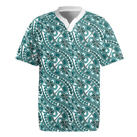 Hibiscus Bloom Island Tribal Waves Rugby Jersey Teal Polynesian Pattern