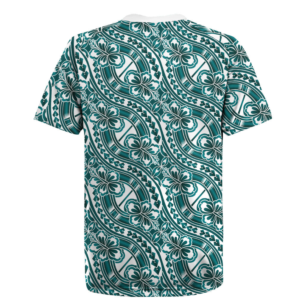 Hibiscus Bloom Island Tribal Waves Rugby Jersey Teal Polynesian Pattern