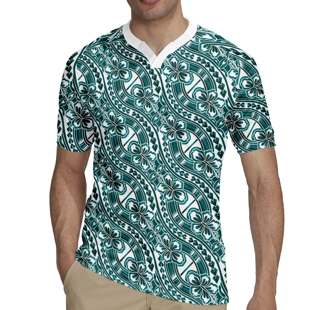 Hibiscus Bloom Island Tribal Waves Rugby Jersey Teal Polynesian Pattern
