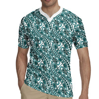 Hibiscus Bloom Island Tribal Waves Rugby Jersey Teal Polynesian Pattern