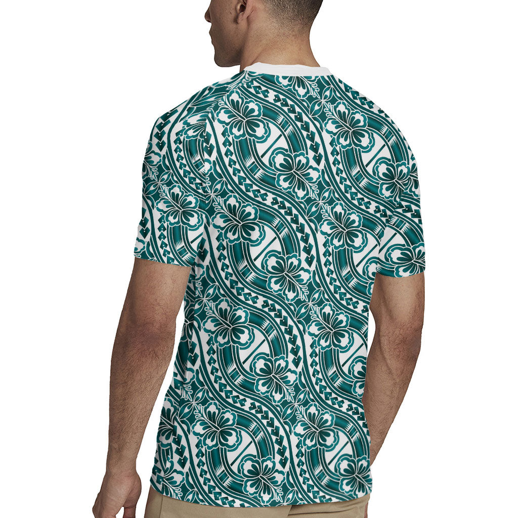Hibiscus Bloom Island Tribal Waves Rugby Jersey Teal Polynesian Pattern