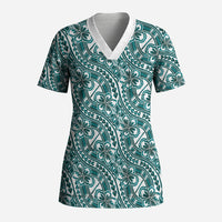 Hibiscus Bloom Island Tribal Waves Scrub Top Teal Polynesian Pattern