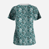 Hibiscus Bloom Island Tribal Waves Scrub Top Teal Polynesian Pattern