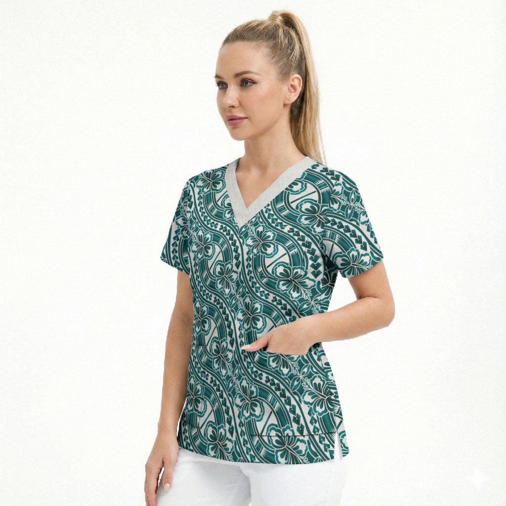 Hibiscus Bloom Island Tribal Waves Scrub Top Teal Polynesian Pattern
