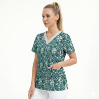 Hibiscus Bloom Island Tribal Waves Scrub Top Teal Polynesian Pattern
