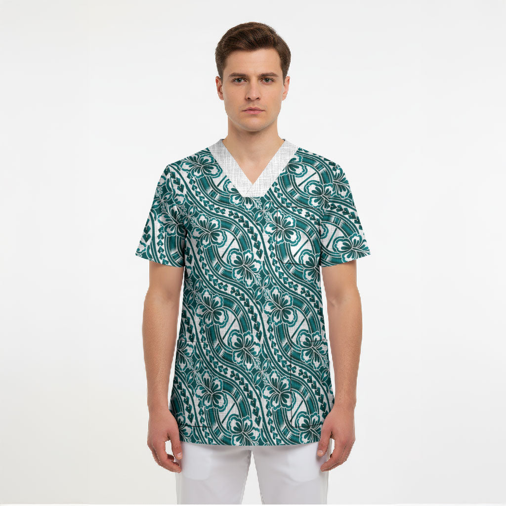 Hibiscus Bloom Island Tribal Waves Scrub Top Teal Polynesian Pattern