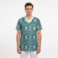 Hibiscus Bloom Island Tribal Waves Scrub Top Teal Polynesian Pattern